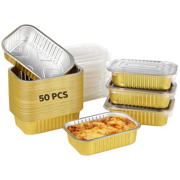 50 Pack 6.3"x4.4" Aluminum Pans with Lids, 1.5" Deep Freezer-Safe Containers for Leakproof Meal Prep, Oven Baking & Takeout, Heavy Duty Disposable Tin Foil Food Containers