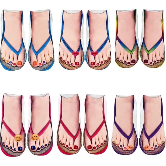 MXOYOXM 6 Pairs Women 3D Flip Flop Printed Short Ankle Socks, Personalized Fun Nail Graphic Casual Daily Wear