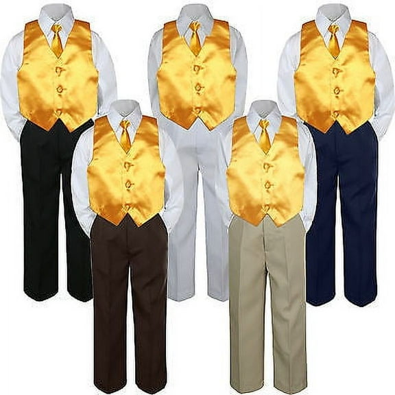 4pc Yellow Vest & Tie  Suit Set Baby Boy Toddler Kid Uniform S-7