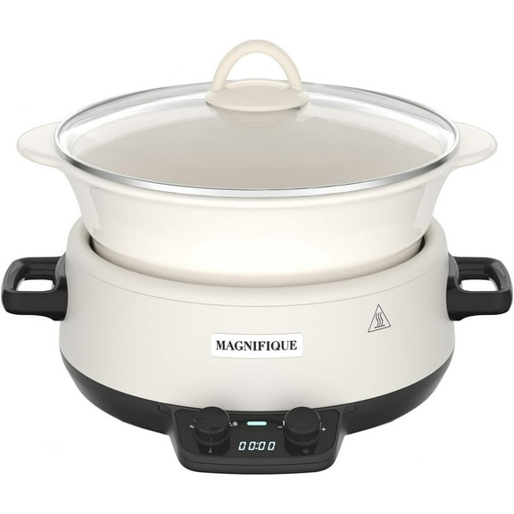 MAGNIFIQUE 5 Quart Programmable Slow Cooker with Auto Warm Setting, Glazed Ceramic Liner, Kitchen Small Appliance for Family Dinners, White