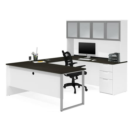 Bestar Pro-Concept Plus U-Shaped Desk with Glass Door Hutch and Optional Keyboard