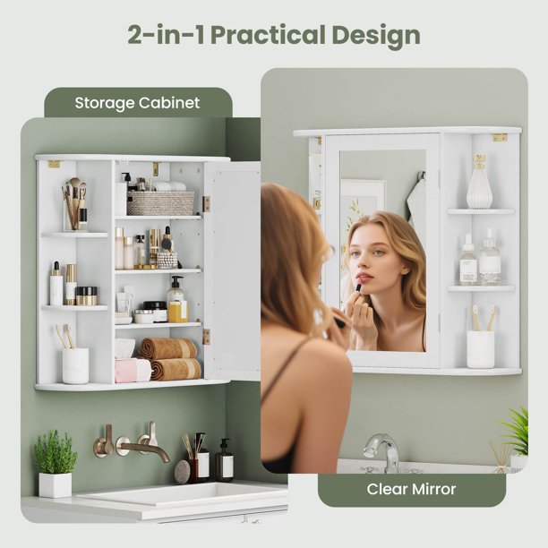 COSTWAY Armoire à Bijoux Murale avec Miroir 12 LED, Meuble de Rangement