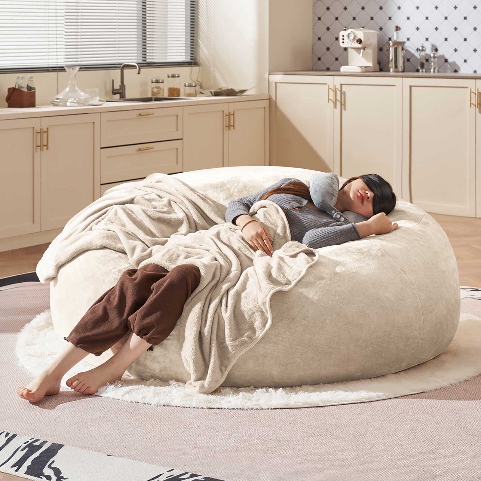 Bean Bag Chair 6FT,  Large Memory Foam Filled Chair for Adults and Teens, Soft Sofa with Removable Flannel Cover, Round Couch for Living Room Bedroom College Dorm