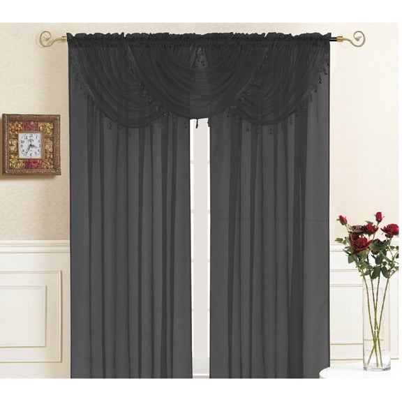 kashi home sheer valance rod pocket, lightweight solid sheer with tassel fringe border, single window waterfall valance, 36" x 35", lisa (black)