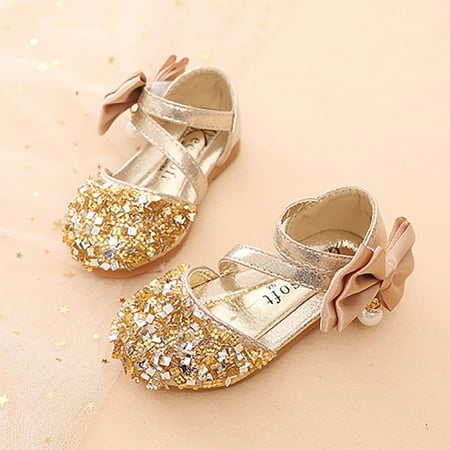 Image of Actoyo Girls Dress Shoes Mary Jane Wedding Flower Bridesmaids Low Heels Glitter Princess Shoes Gold - 11 Little kids