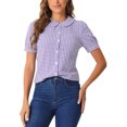 thumbnail image 1 of Camisa de cuadros para mujer INSPIRE CHIC con cuello Peter Pan, mangas cortas abullonadas, blusa de botones, talla XS, color púrpura, 1 of 5
