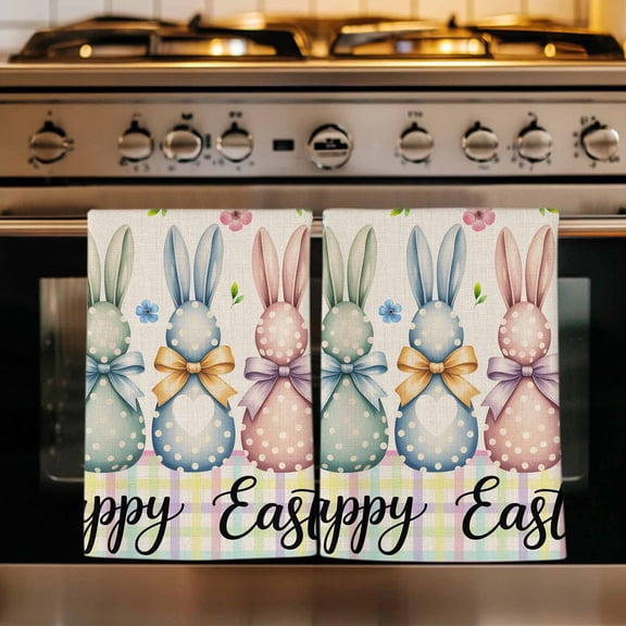 Easter Bunny Kitchen Towels Set of 3, Spring Watercolor Polka Dot Flower Plaid Beige Absorbent Dish Towels for Kitchen, Microfiber Hand Towel, Quick Drying Tea Towel for Cleaning Dishcloths