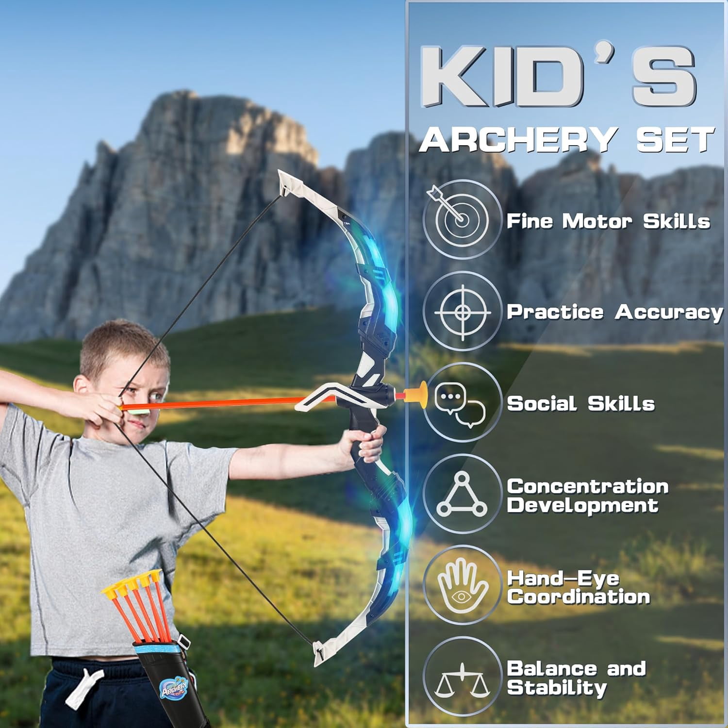 Bow and Arrow Set for Kids, 2-Pack LED Light Up Archery Set with 20 Suction Cup Arrows, Indoor and Outdoor Toy for Boys Girls Age 4-8 8-12 with Standing Target&2 Quivers