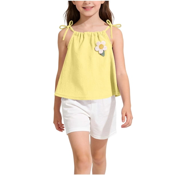 Conjunto Corto Casual para las Niñas Camisola sin Mangas con Pantalones Elásticos de Cintura Cómodo de Dos Piezas