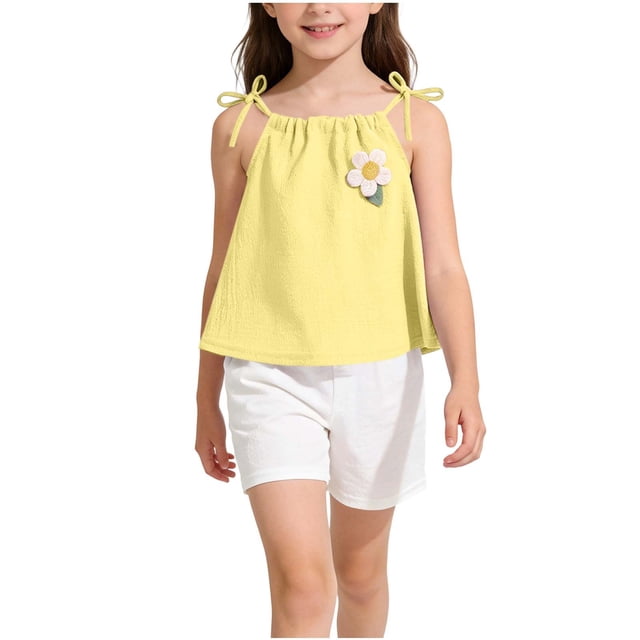 Conjunto Corto Casual para las Niñas Camisola sin Mangas con Pantalones Elásticos de Cintura Cómodo de Dos Piezas