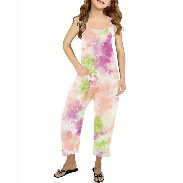RXIRUCGD Girls Casual Jumpsuits Sleeveless Summer Rompers Long Pants With Pockets For 5-14 Years( Multicolor, Size:7-8 Years )