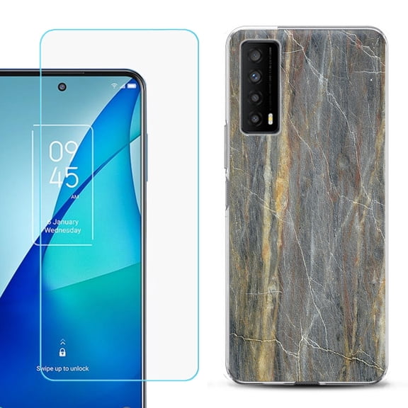 Slim-Fit Gel TPU Phone Case for TCL Stylus 5G, with Tempered Glass Screen Protector, by OneToughShield ® - Marble/Camo