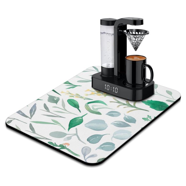 Highly Absorbent Dish Drying Mat - Beautiful Sage Green Leaves - Microfiber & Reversible for Kitchen and Coffee Bar