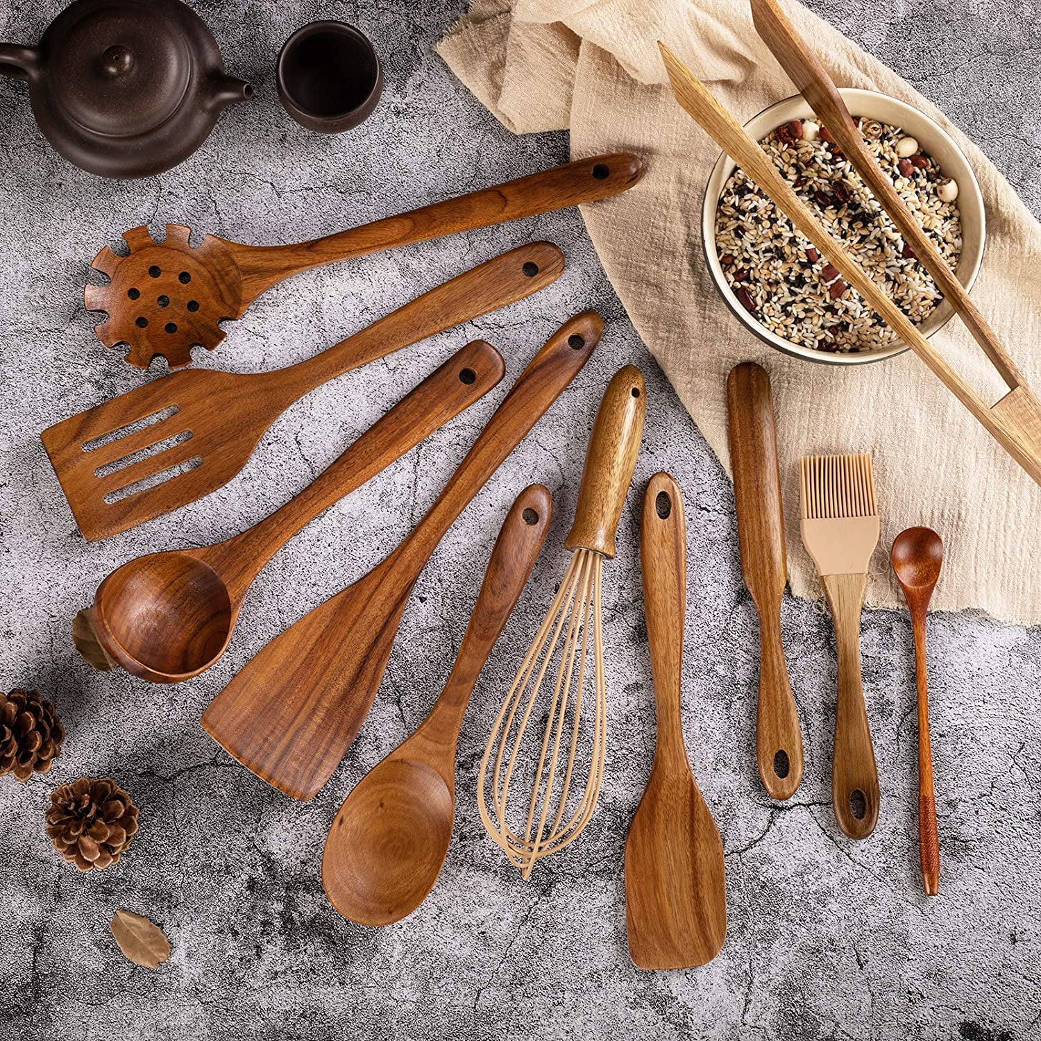 Wooden Spoons for Cooking – Wooden Kitchen Utensils Set, 6 Pcs Teak Wood  Utensil Set – Comfortable Grip Non–Stick Wooden Cooking Utensils – Nonstick