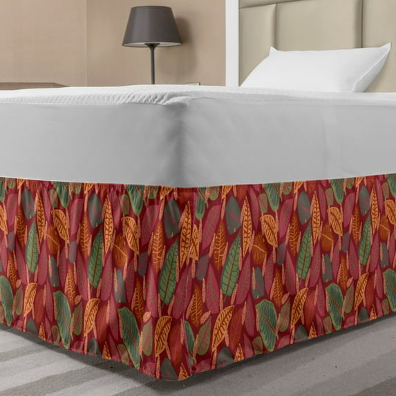 Philodendron Bed Skirt, Rhythmic Tropical Leaves in Autumnal Nature Tones, Elastic Bedskirt Dust Ruffle Wrap Around for Bedding Decor, 4 Sizes, Dried Rose Multicolor, by Ambesonne