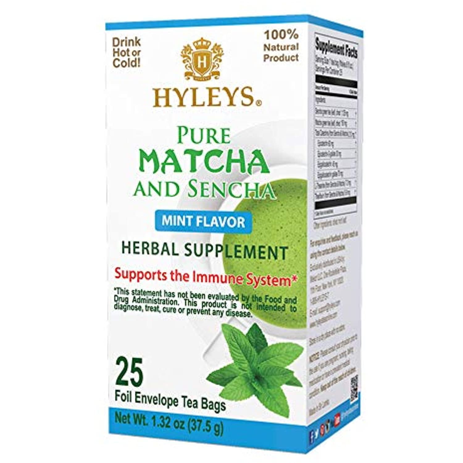 Hyleys Wellness Japanese Pure Matcha Green Tea With Mint - 25 Tea Bags (100% Natural, Sugar Free, Gluten Free And Non-Gmo)