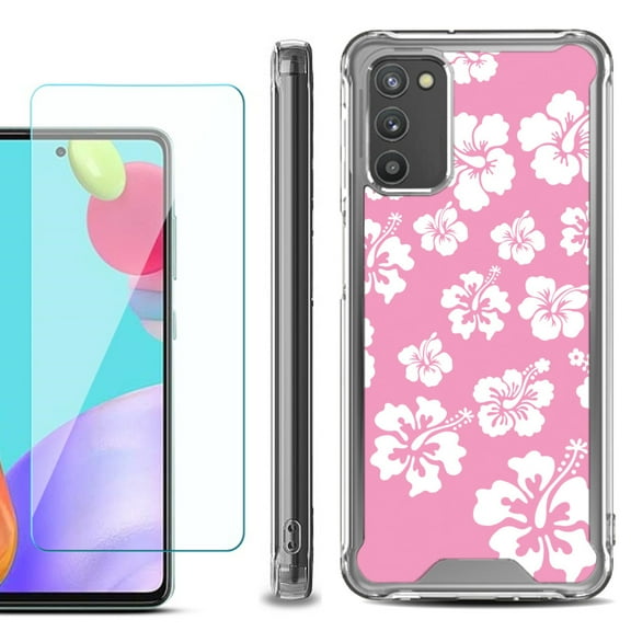 Shockproof Bumper Phone Case for Samsung Galaxy A02s, with Tempered Glass Screen Protector, by OneToughShield ® - Hibiscus Pink