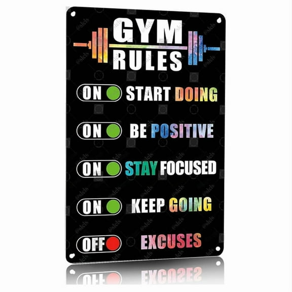 GYM RULES Motivational Metal Sign 8x12 Inches Aluminum Workout Poster for Home Gym Wall Decor Fitness Room Art Inspirational Exercise Quote for Men Cave Garage Office Gym Rules Sign No Excuses