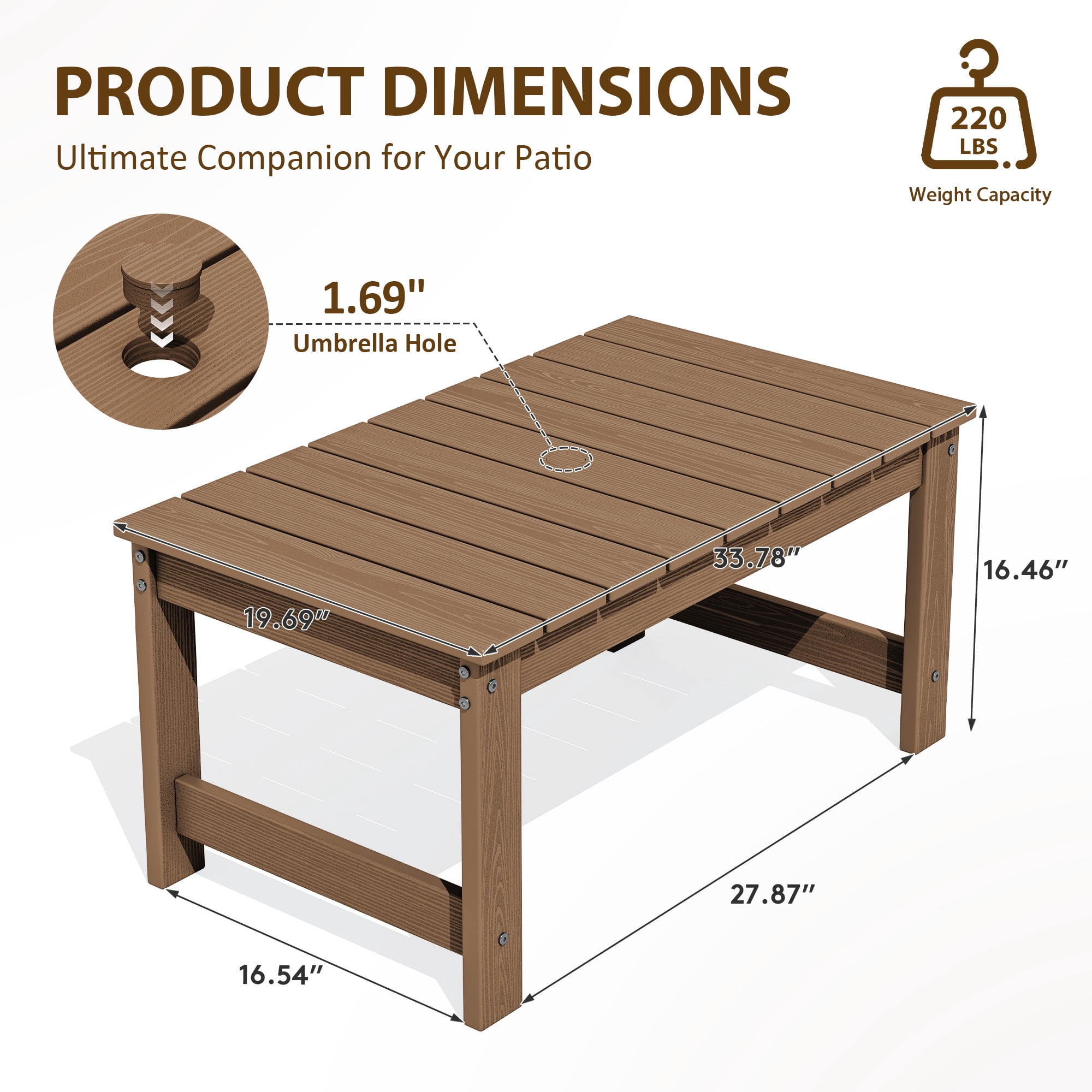 SERWALL Outdoor Rectangle Coffee Table with Umbrella Hole, 19.7" x 33.7" HDPE All Weather Patio Coffee Table, Brown