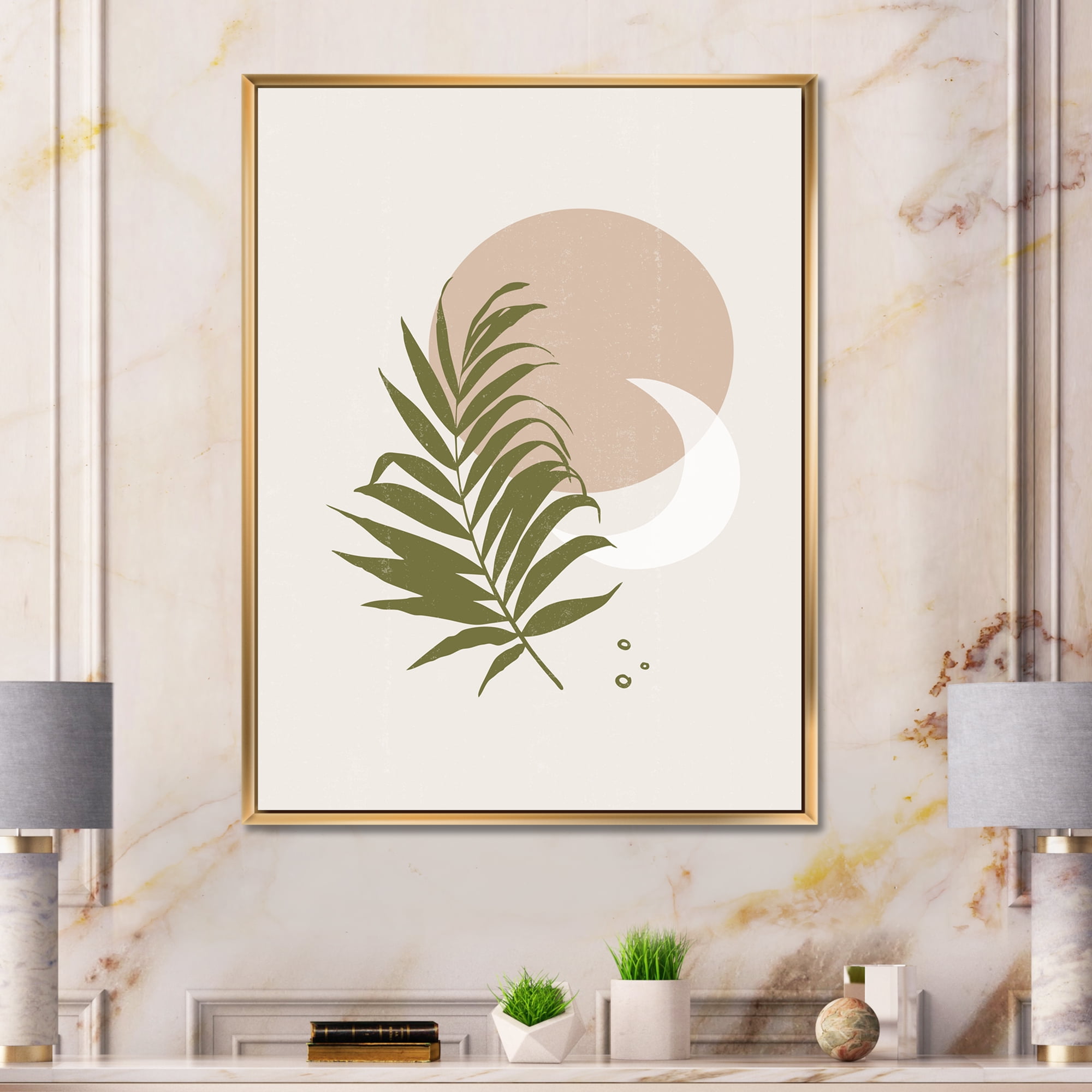 Designart 'Abstract Moon and Sun With Green Leaf II' Modern Framed Canvas Wall Art Print