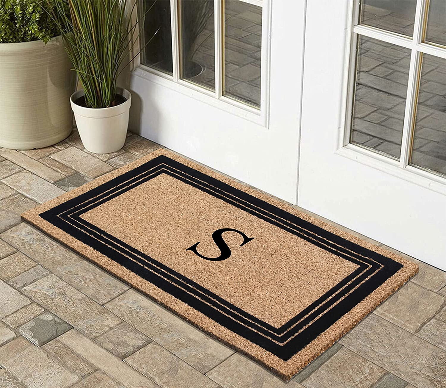 A1HC Natural Coir Monogrammed Entrance Door Mats, Durable Large Outdoor Rug, Non-Slip, Flock Doormat, Thin-Profile Heavy Duty Door Mat, Indoor Outdoor Front Door, High Traffic Areas, 24" X 39"