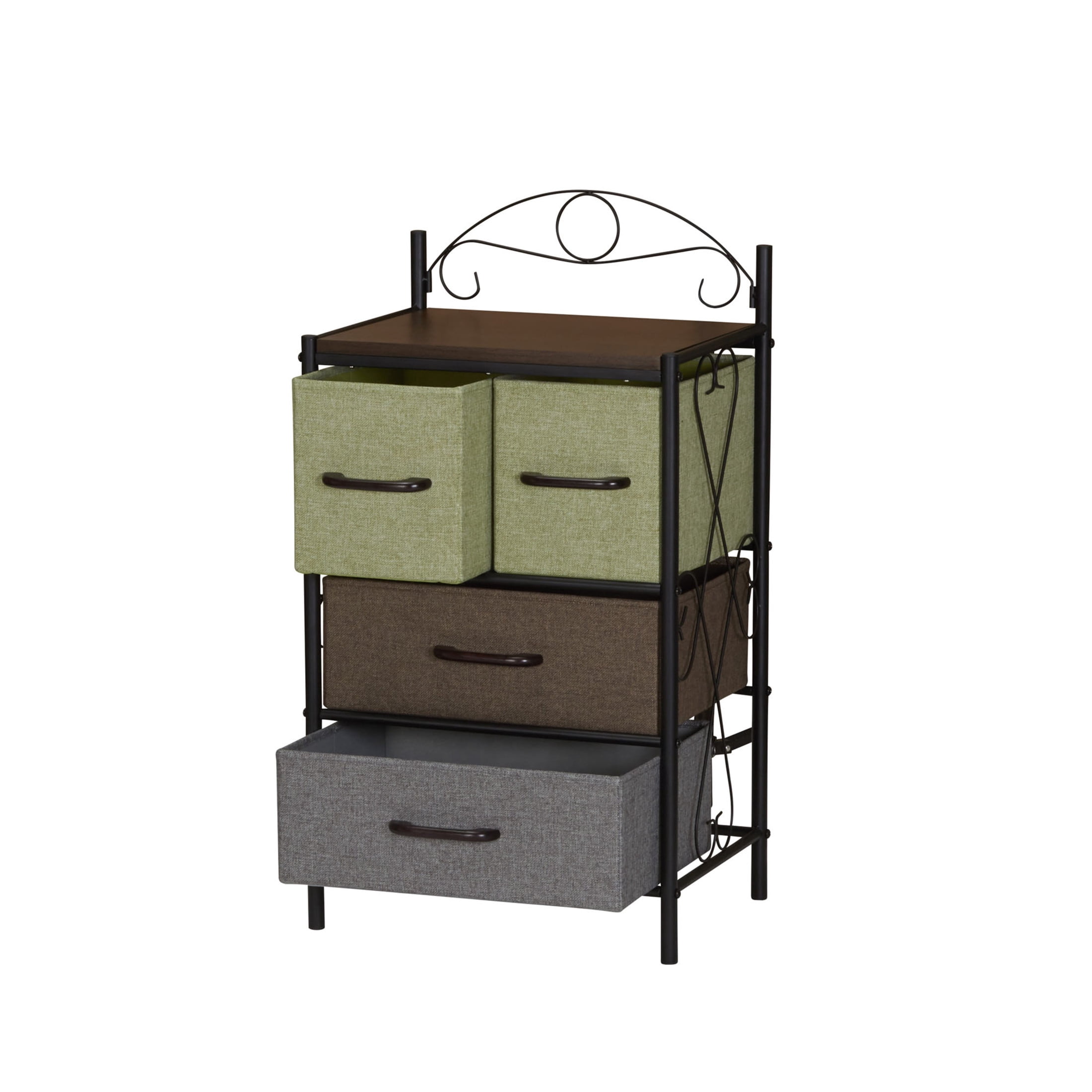 Household Essentials Victoria Dresser Nightstand Storage Organizer with 4 Multicolor Drawers Black Metal Frame and Mid Century Walnut Wood Grain Top