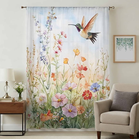 Spring Floral Sheer Curtains 72 Inches Long, Hummingbird Summer Botanical Watercolor Light Filering Curtains, Breathable Simi Curtain Privacy Drapes for Living Room Bedroom Window Treatment