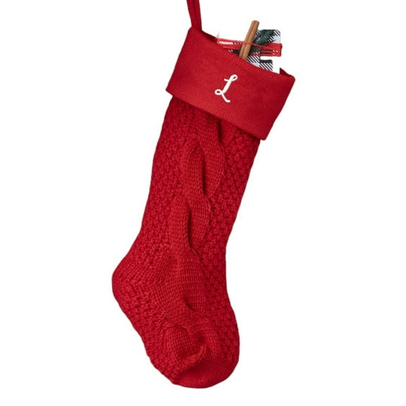 Personalization Mall Cozy Cable Knit Embroidered Initial Stocking, Red