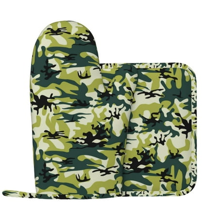 

camouflage Dinosaur green Oven Mitts and Pot Holders Sets with 1 Non-Slip Left Silicone Oven Mitts and 1 Heatproof Insulated Hot Pads for Kitchen Use in Cooking Baking Grilling