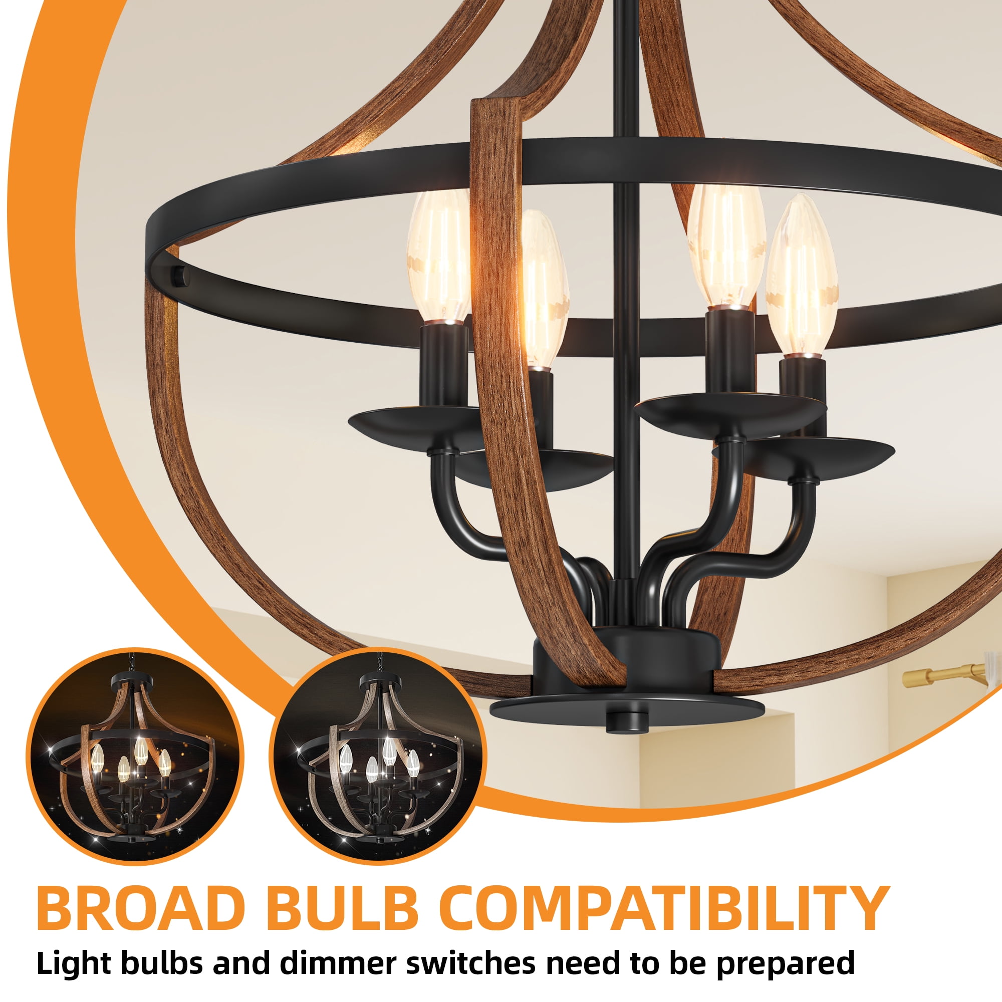 Uforic 16.5" Ebony Wood Chandelier, Adjustable Country Fixture, Five-Light Pendant