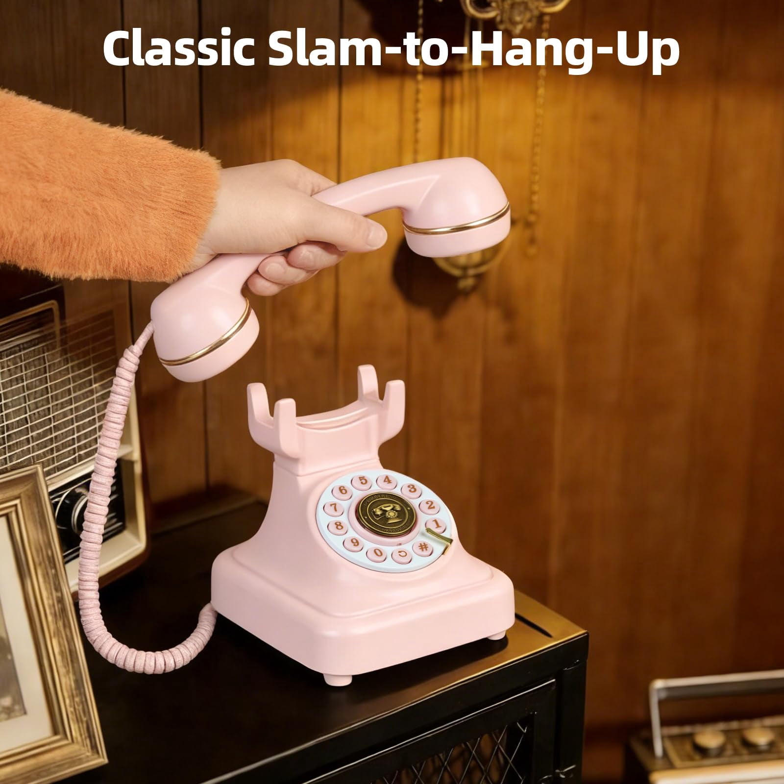 Phones Pinkie Landline Vintage Bluetooth Phone, Retro Desk Telephone with Gold Accents, Loud Nostalgic Ringtones, Bluetooth Connects to Smartphone for Home & Office