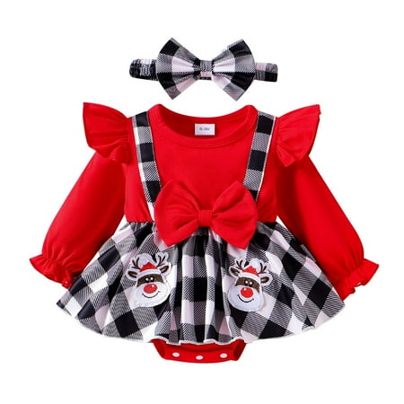 

Rovga Baby Clothes For Girls Infant Christmas Long Sleeve Cartoon Printed Romper Newborn Bodysuits Dress Bowknot Headbands Set Cute Loungewear Watermelon Red 12-18 Months