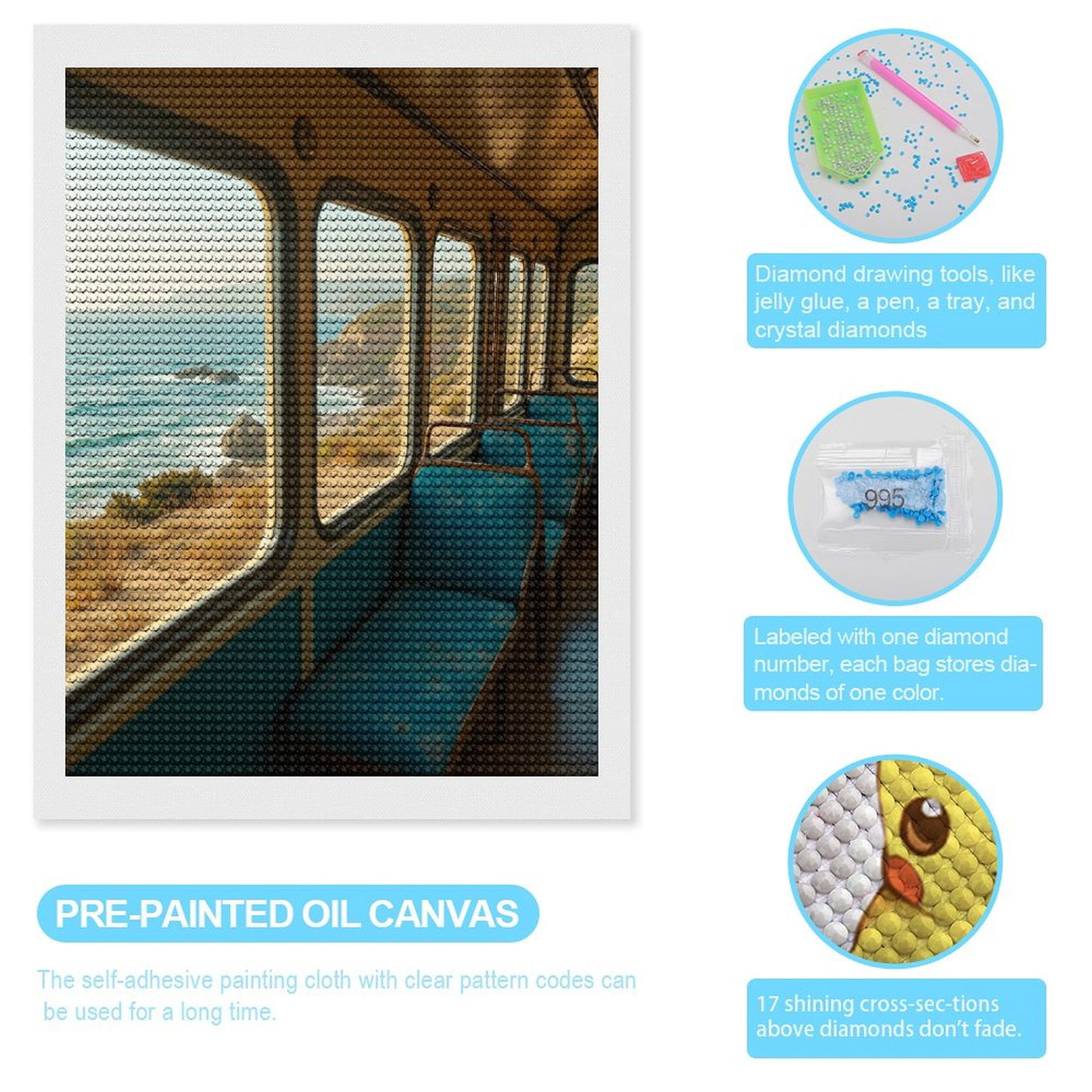 Diamond Art Kits for Adults, Train Coastal Scenic View 5D Diamond Painting Kits for Adults Beginners, DIY Full Drill Diamond Painting, Gem Art and Crafts 12x16