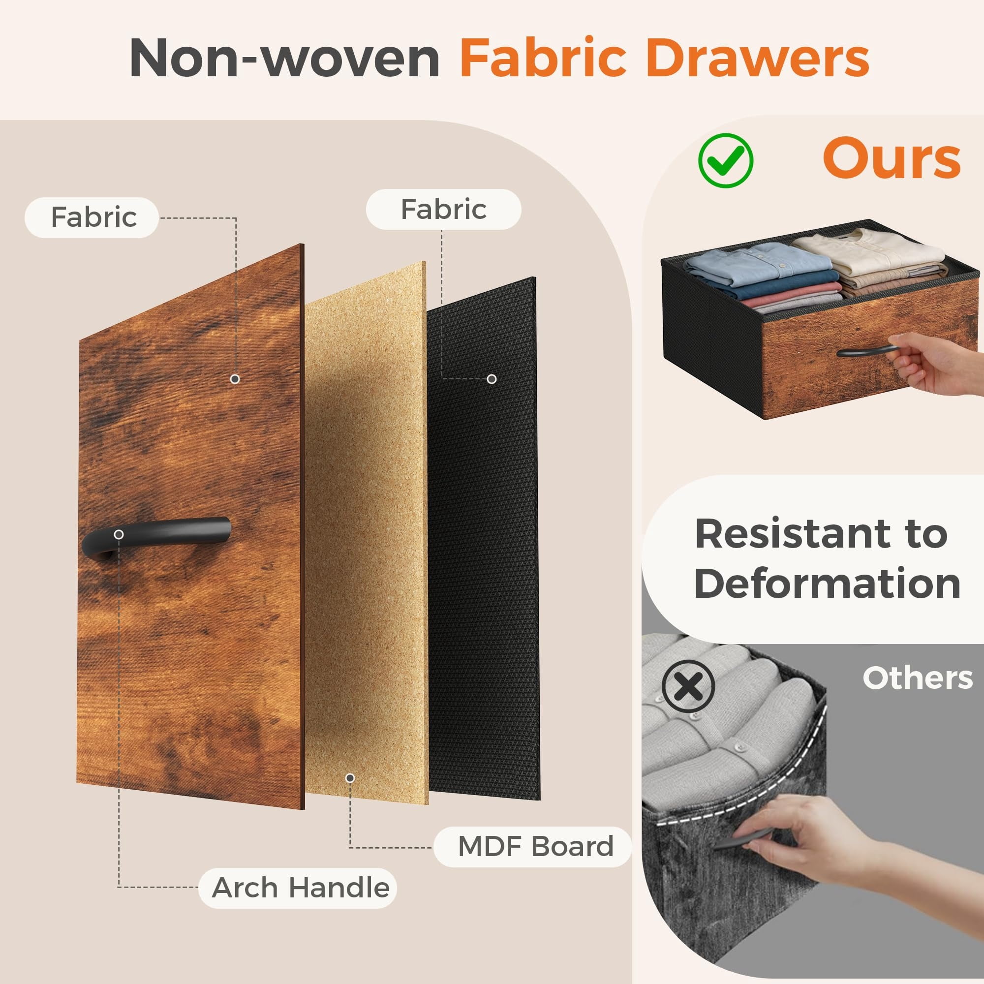 Telyra 4-Drawer Fabric Dresser 37.4" Tall Storage Tower with Wood Top and Steel Frame Narrow Organizer, Rust