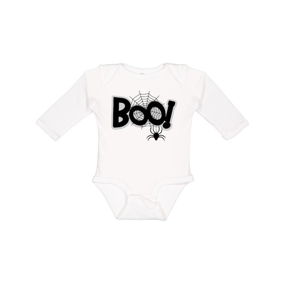 Inktastic Halloween Boo with Spider and Web in Black Boys or Girls Long Sleeve Baby Bodysuit