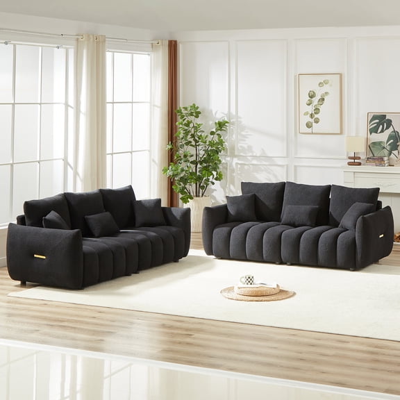 FFZ 3-Seater Combo Sofa with Teddy Fabric and 6 Cushions, Black