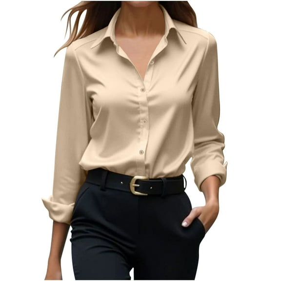 Fmbrln Womens Elegant Temperament Satin Shirts Fall Fashion Turndown Collar Button Long Sleeve Shirts Office Business Work Shirts Casual Dressy Blouse Khaki XL