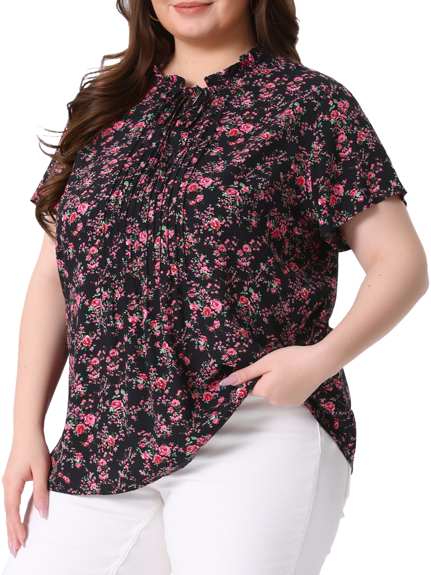 DARING DIVA Women's Plus Size Tie Neck Short Sleeve Pleated Floral Tops 3X Black Red