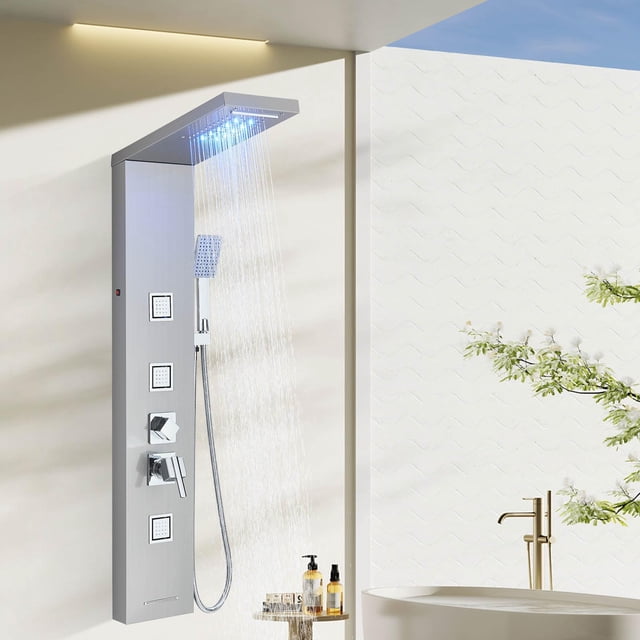 Panel de Ducha 5 en 1 con Columna de Acero Inoxidable Cabezal de Lluvia 3 Jets de Masaje y Cascada Alta Presión Ducha Manual Llenador de Bañera