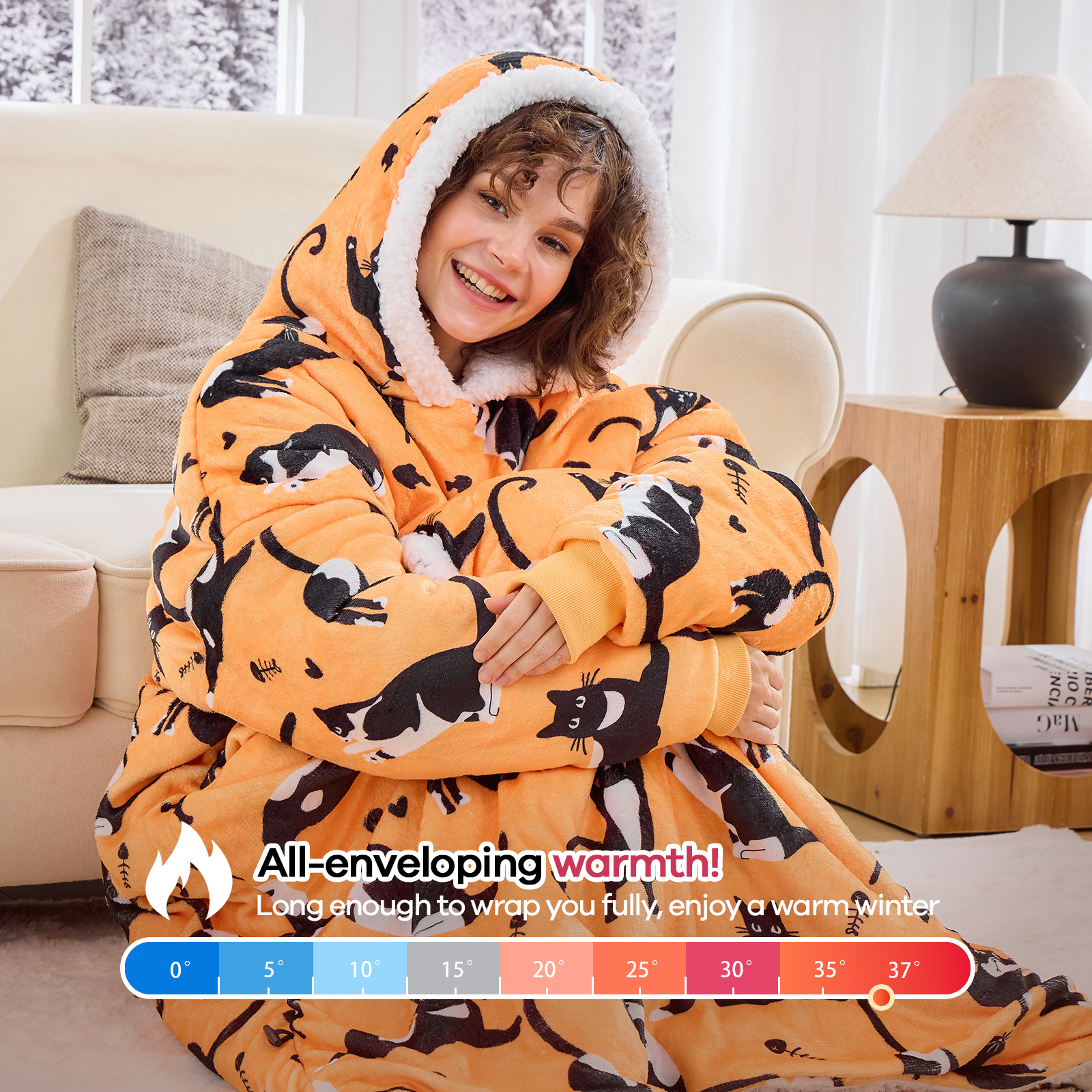 PMONPA Wearable Blanket Hoodie, Flannel Sherpa Fleece, Warm and Cozy Giant Sweatshirt for Adult, Woman and Man, One Size Fits All (Cat)