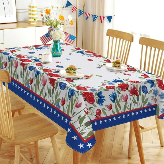 4th of July Wild Flower Patriotic Rectangle Tablecloth 60x84 Inch, America Red Blue Floral Decorative Table Cloth Dining Table Cover, American USA Summer Seasonal Dinner Party Picnic Decoration