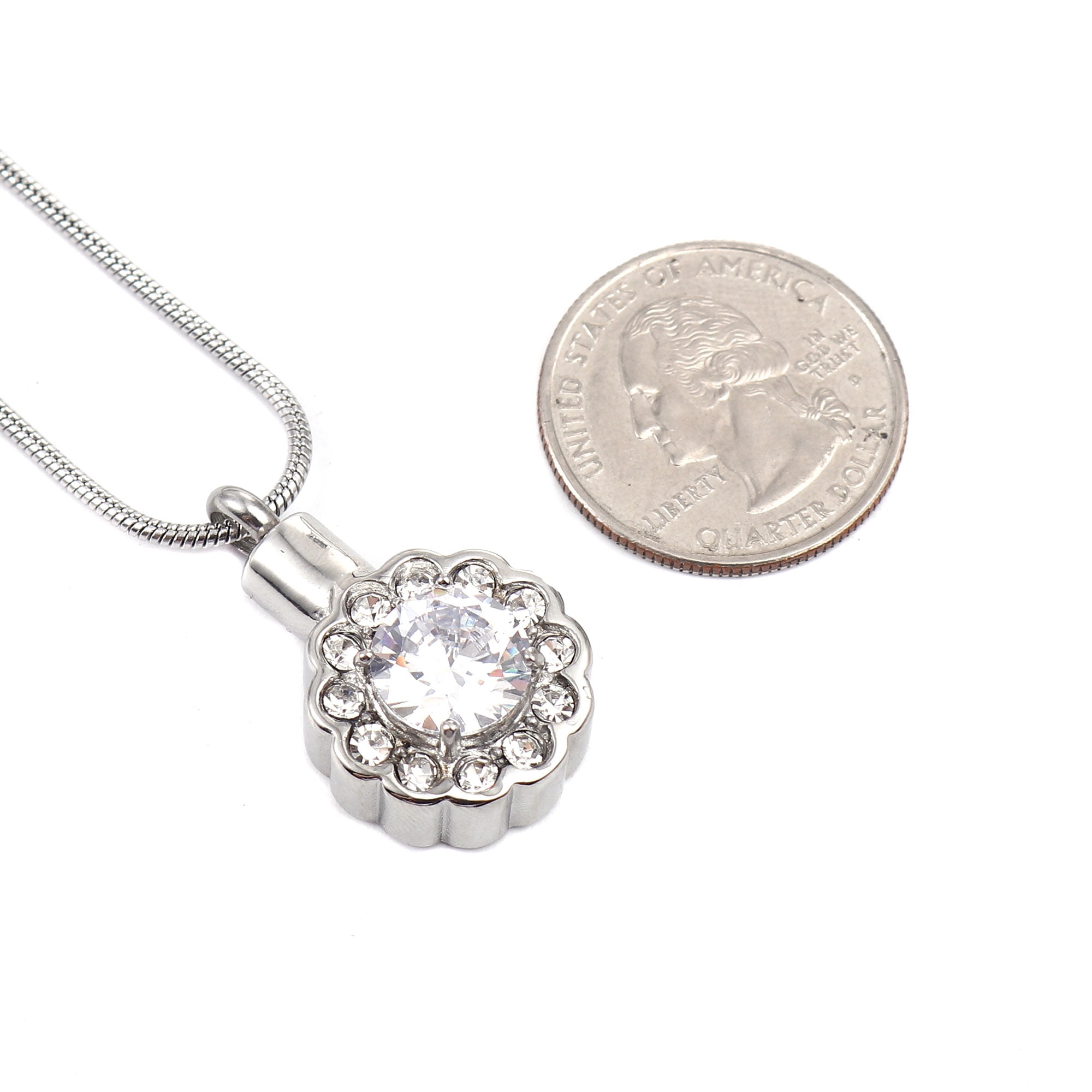 Round Crystal White Beautiful Crystal Rhinestone Flower Cremation Urn Necklace for Human Ashes Stainless Steel Memorial Pendant Keepsake Jewelry with Free Funnel Kit and Velvet Jewelry Box