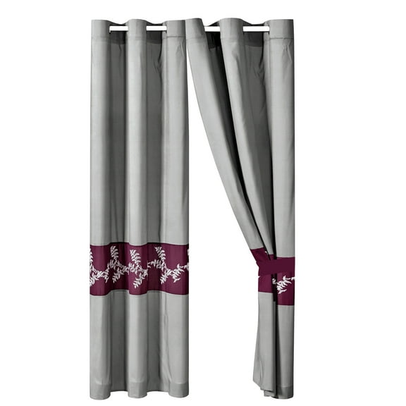 4-Piece Sophia Curtain Set Drape Sheer Liner|Floral Leaves Embroidery Stripe|Purple White Gray|Grommet