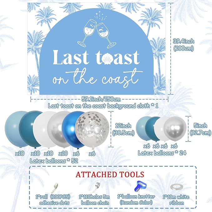 Last Toast on the Coast Bachelorette Party Decorations Coastal Backdrop Blue Balloon Garland Arch Kit for Women Nautical Beach Bach Bachelorette Bridal Shower Wedding Party Supplies