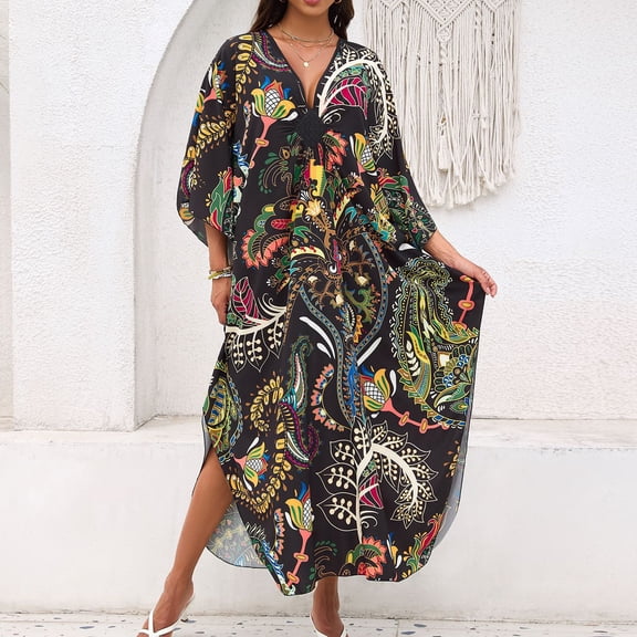 HAJWOH Plus Size Kaftan Dress Batwing Sleeve V Neck Lightweight Summer Beach Cover Up Loungewear