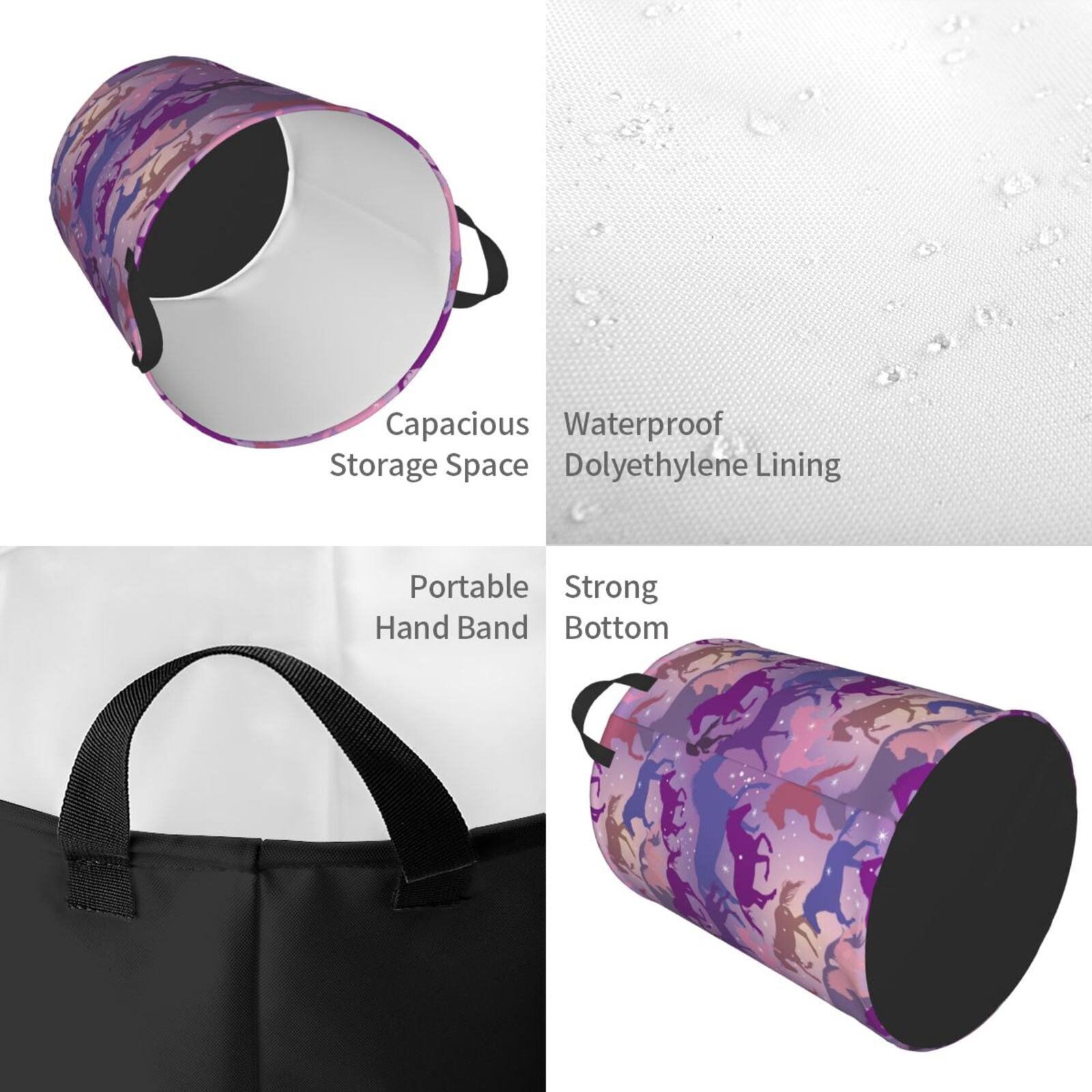 Large Laundry Basket with Handles - Fantasy Cool Horse Gradient Color Kids Baby Dirty Clothes Laundry Hamper for Bedroom Aesthetic