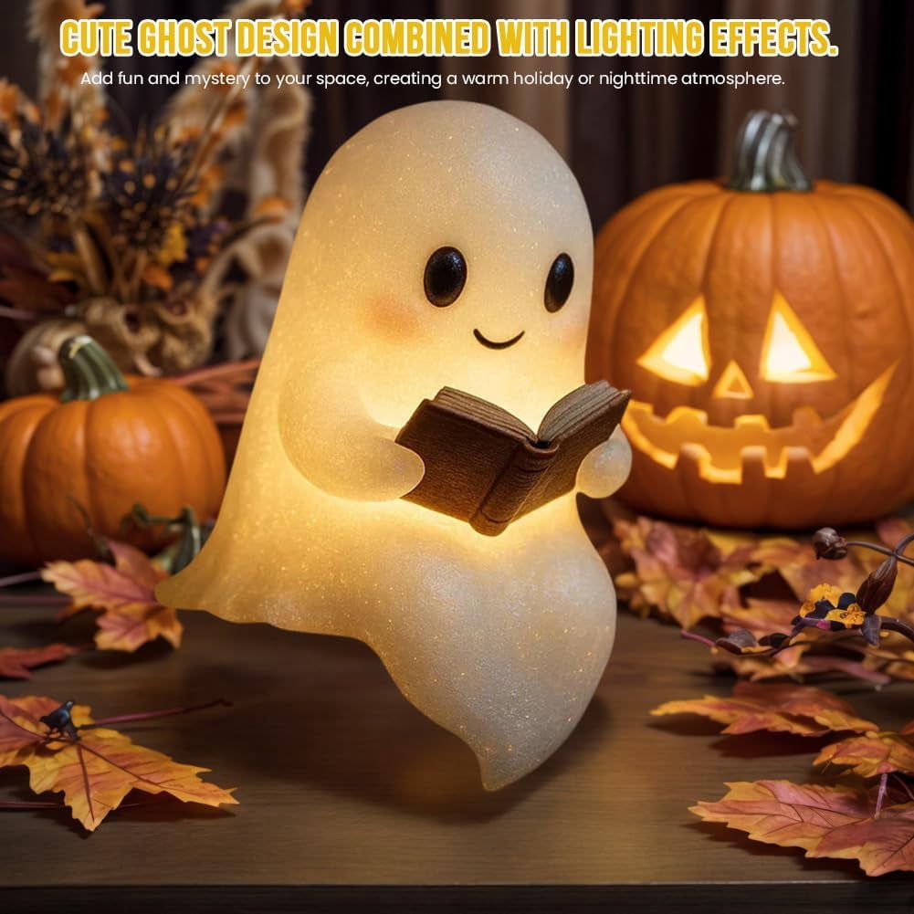 Cute Ghost Reading Book Lamp Halloween Gifts Light Up Ghost Statue Night Light Ghost Warm Lighted Indoor Figurine House Mantel Decor for Home Party Bedroom Shelf Table (6 inch)