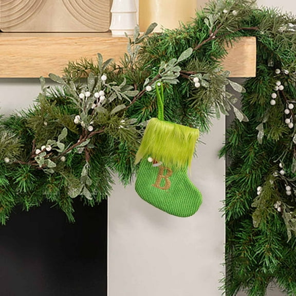 Loyerfyivos Green Elf Christmas Stockings with Initials, 8'' Mini Embroidered Monogram Knit Christmas Stocking with Green Furry Cuffs for Christmas Xmas Tree Holiday Fireplace Party Decoration