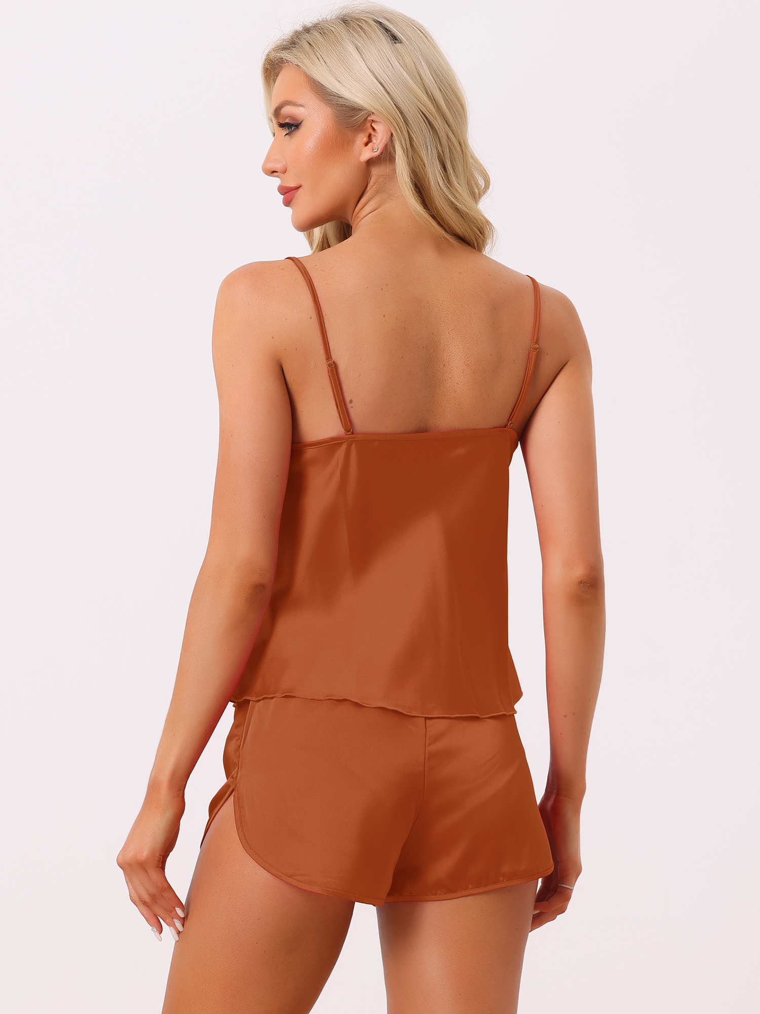 DARING DIVA Women's Satin Pajamas Sets Cami Sleepwear Silky PJ Set with Shorts L Caramel