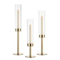Nuptio Hurricane Glass Taper Candle Holders， Tall Gold Brass Candlestick Holder，Gold Centerpiece for Table Mantel Fireplace， Set of 3